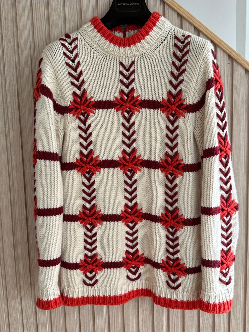 Bottega Veneta Cream Knit Sweater with Red & Burgundy Grid Floral Accents